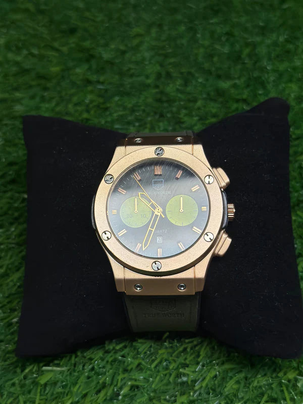 HUBLOT CLASIC FASHION LEATHER SILICON STRAPES- DATE DIAL GOLDEN WATCH