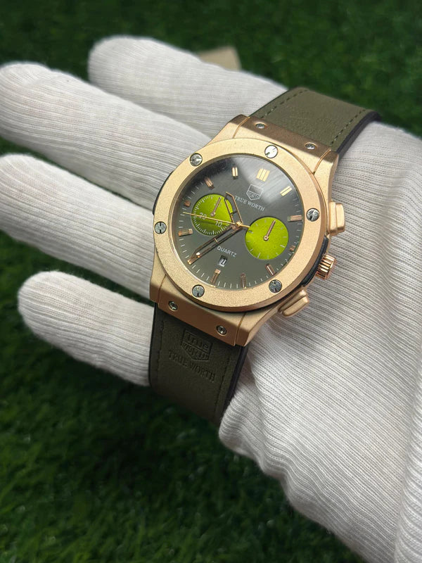 HUBLOT CLASIC FASHION LEATHER SILICON STRAPES- DATE DIAL GOLDEN WATCH